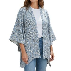 Japna Medium Blue White Bell Sleeve Kimono Cardigan Crochet Detail